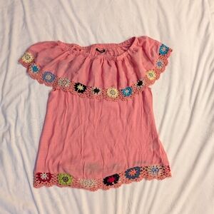 Annabelle Pink Off The Shoulder Top Crochet Granny Square Trim Boho Size M